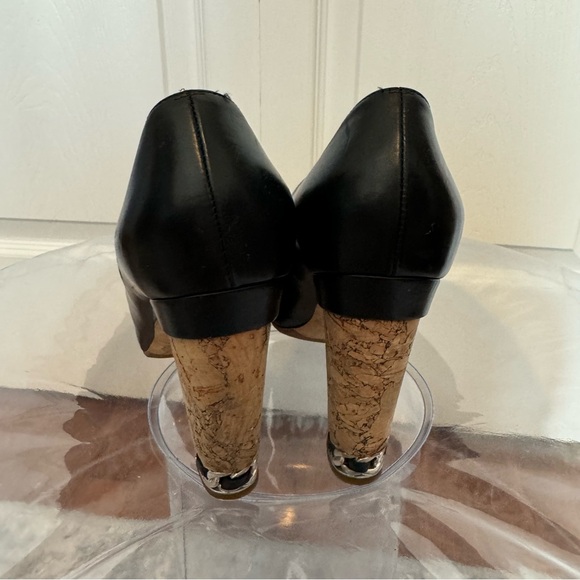 Chanel Black Leather Chain Link Cork Heel Open Toe Pumps Size IT37 US7 - Picture 3 of 13